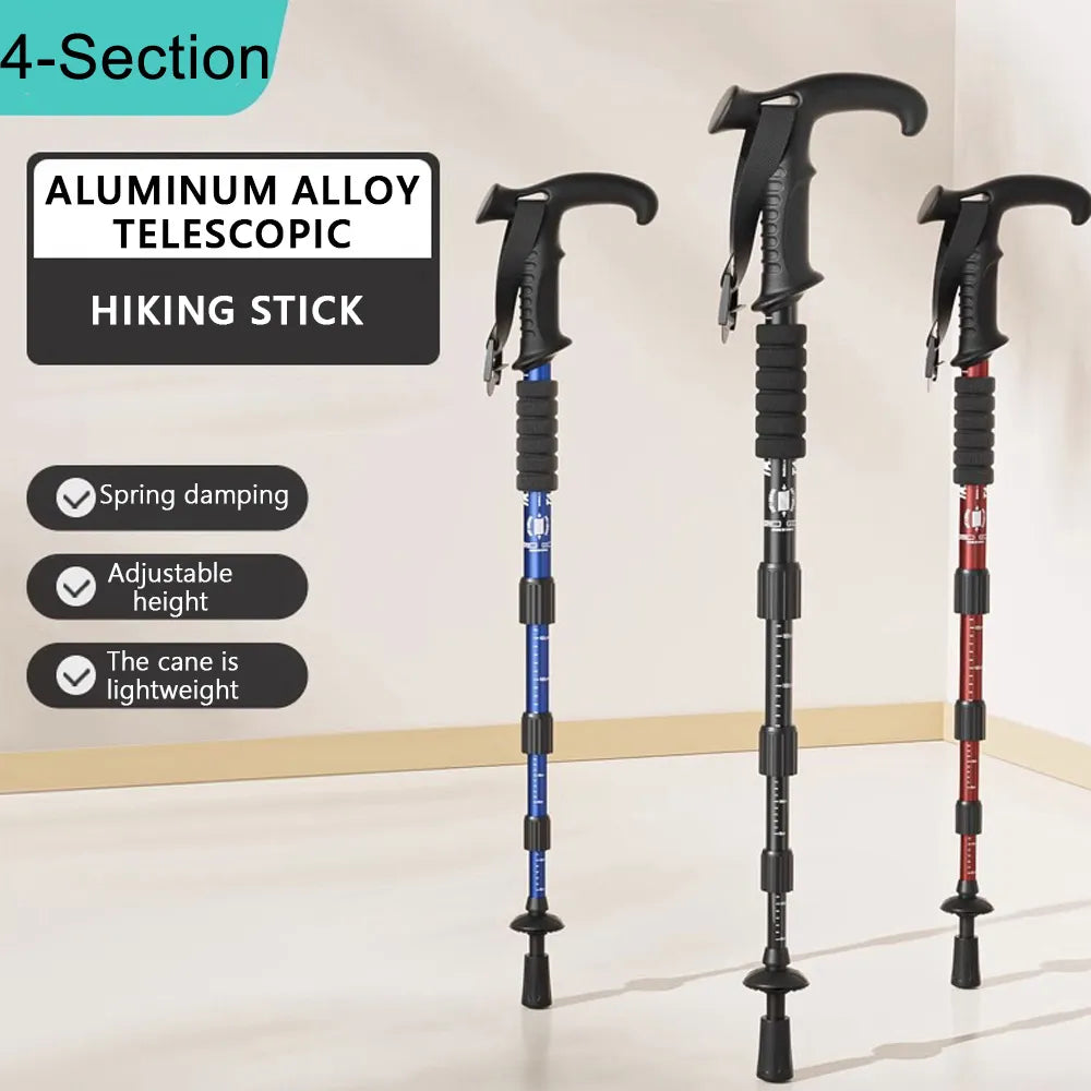 Premium Portable Folding Trekking Pole – Lightweight Alloy Shaft, Carbon Tungsten Steel Tip, Adjustable T-Handle, 4-Section 