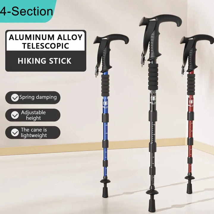 Premium Portable Folding Trekking Pole – Lightweight Alloy Shaft, Carbon Tungsten Steel Tip, Adjustable T-Handle, 4-Section 