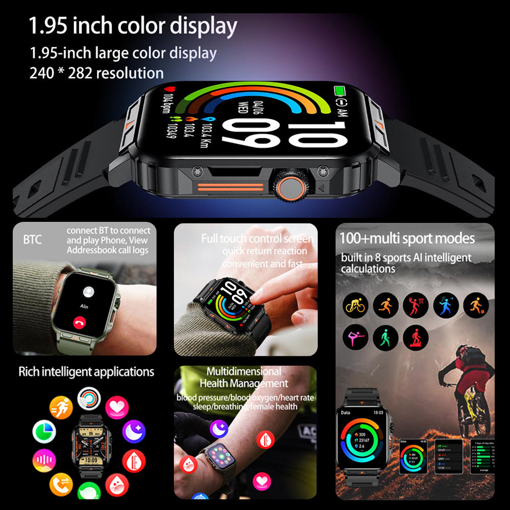 Premium Outdoor Military Smartwatch for Men - Bluetooth Calling, IP68 Waterproof, 100+ Sports Modes, 1.95-inch Display, Heart