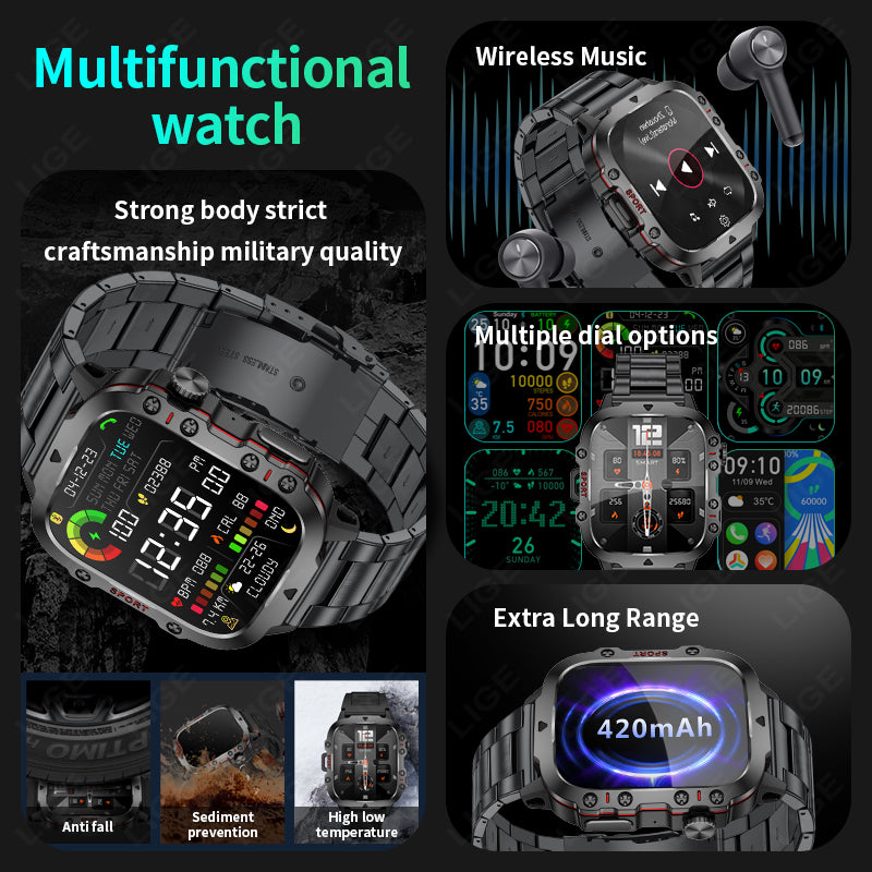 Premium Outdoor Sports Fitness Smartwatch for Men – 1.96" Screen, Bluetooth Calling, IP68 Waterproof, Heart Rate, Blood 