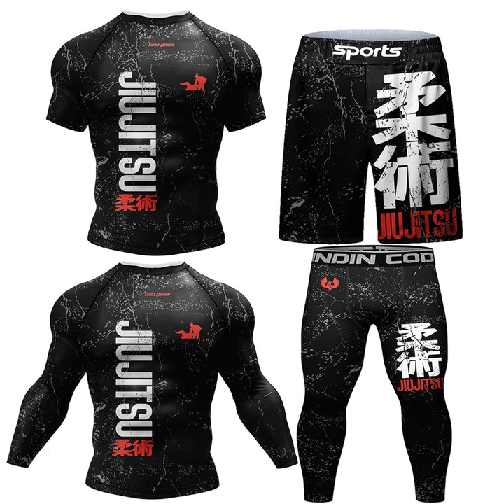 Premium Jiu Jitsu Rash Guard Set – 4-Piece MMA Sportswear Kit for Men, Includes Kimono T-shirt, Pants, Muay Thai Shorts, and 