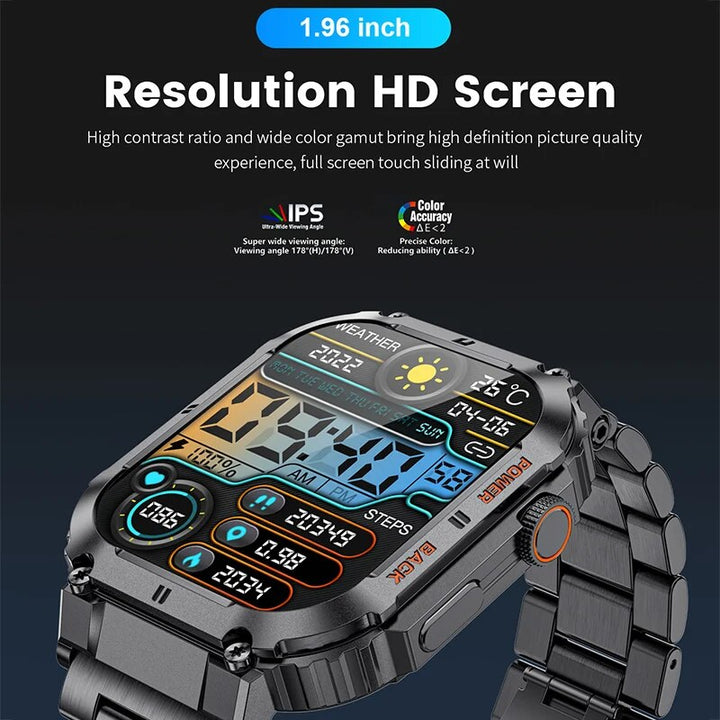 Premium Outdoor Sports Fitness Smartwatch for Men – 1.96" Screen, Bluetooth Calling, IP68 Waterproof, Heart Rate, Blood 