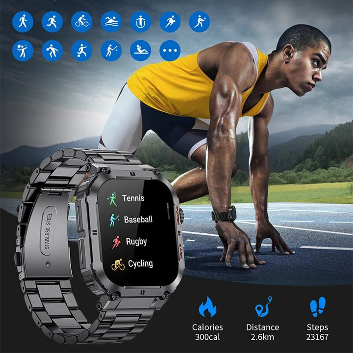 Premium Outdoor Sports Fitness Smartwatch for Men – 1.96" Screen, Bluetooth Calling, IP68 Waterproof, Heart Rate, Blood 