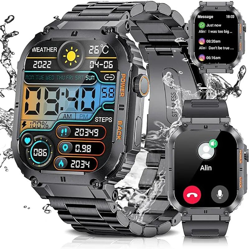 Premium Outdoor Sports Fitness Smartwatch for Men – 1.96" Screen, Bluetooth Calling, IP68 Waterproof, Heart Rate, Blood 