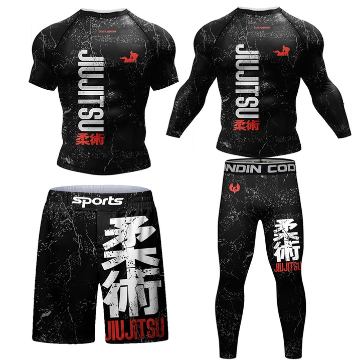 Premium Jiu Jitsu Rash Guard Set – 4-Piece MMA Sportswear Kit for Men, Includes Kimono T-shirt, Pants, Muay Thai Shorts, and 