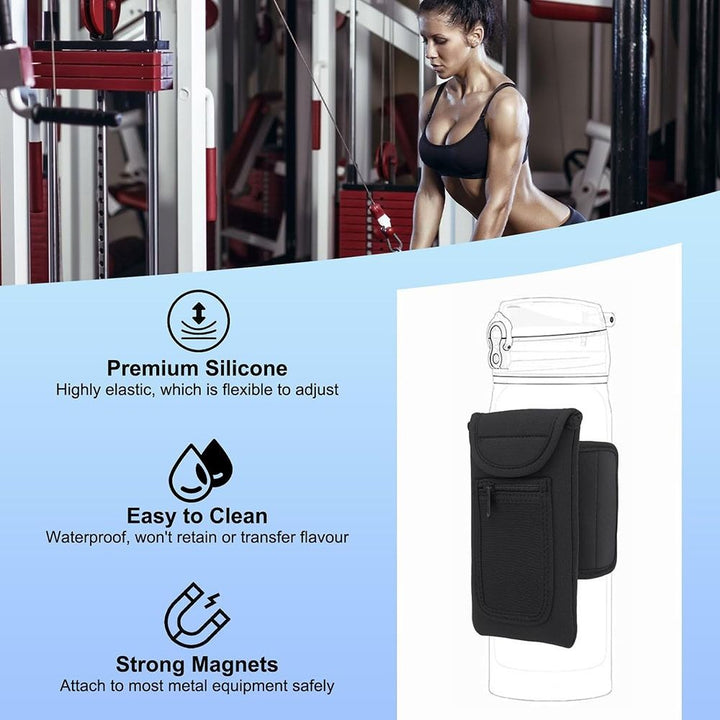 Premium Gym Magnetic Phone Bag – Anti-Slip Sleeve Pouch for 18-40 oz Water Bottle with Pockets for Keys, Cards, Headphones