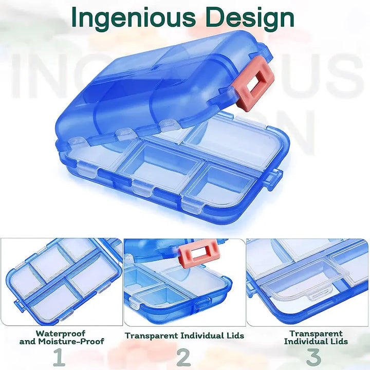 Premium Portable 10-Grid Pill Organizer – Compact Medicine Holder for Vitamins, Fish Oils, and Tablets – Moisture-Proof, Eco