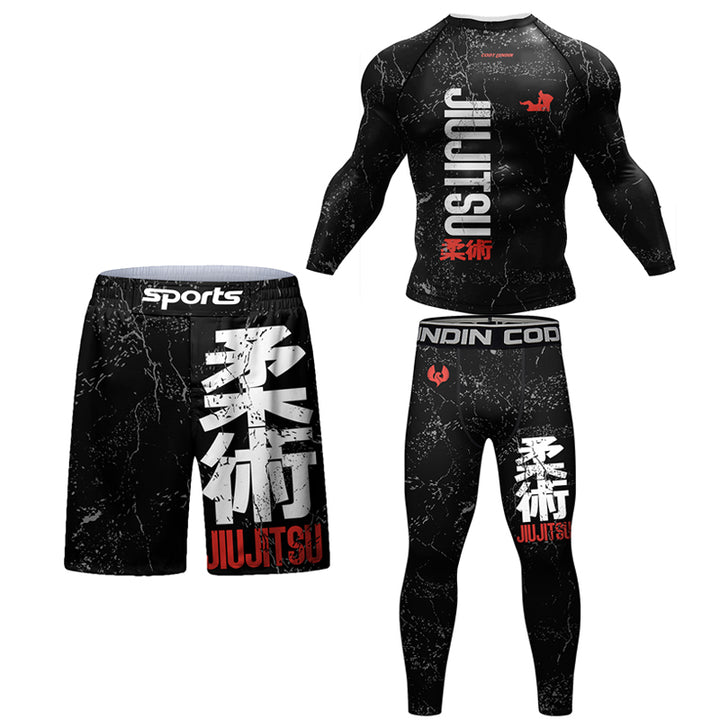 Premium Jiu Jitsu Rash Guard Set – 4-Piece MMA Sportswear Kit for Men, Includes Kimono T-shirt, Pants, Muay Thai Shorts, and 