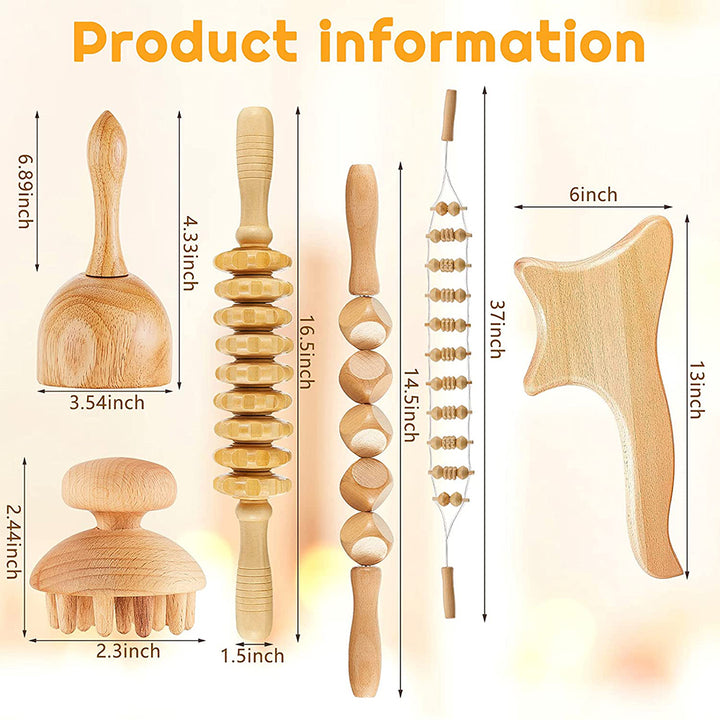 Premium 6-in-1 Wood Therapy Massage Tool Set for Lymphatic Drainage, Anti-Cellulite Fascia Massage Roller, Muscle Relaxation