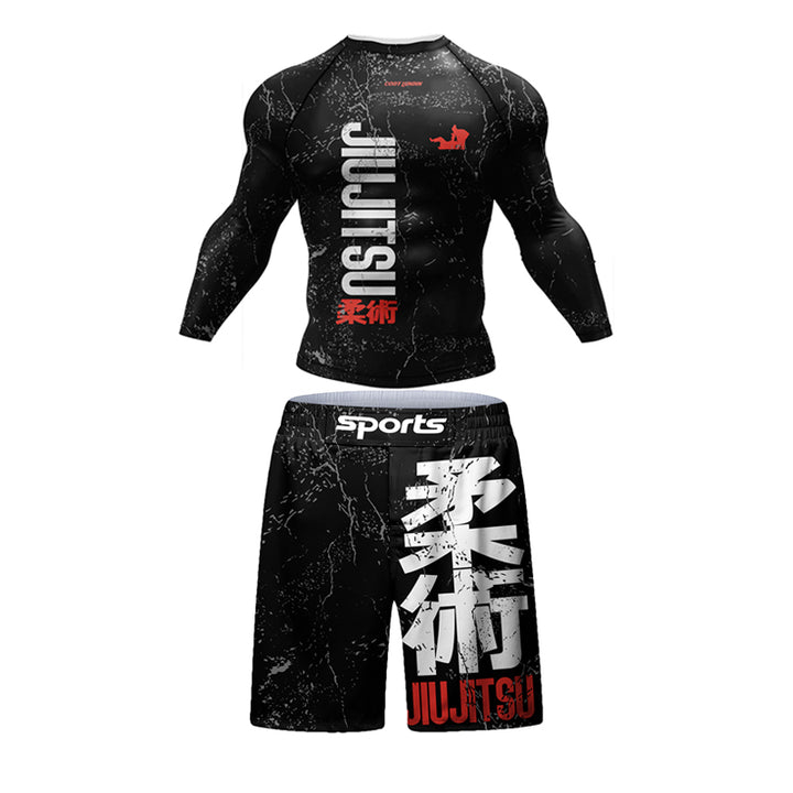 Premium Jiu Jitsu Rash Guard Set – 4-Piece MMA Sportswear Kit for Men, Includes Kimono T-shirt, Pants, Muay Thai Shorts, and 