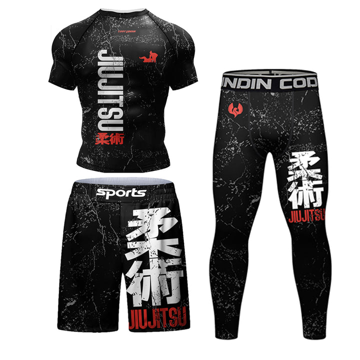 Premium Jiu Jitsu Rash Guard Set – 4-Piece MMA Sportswear Kit for Men, Includes Kimono T-shirt, Pants, Muay Thai Shorts, and 
