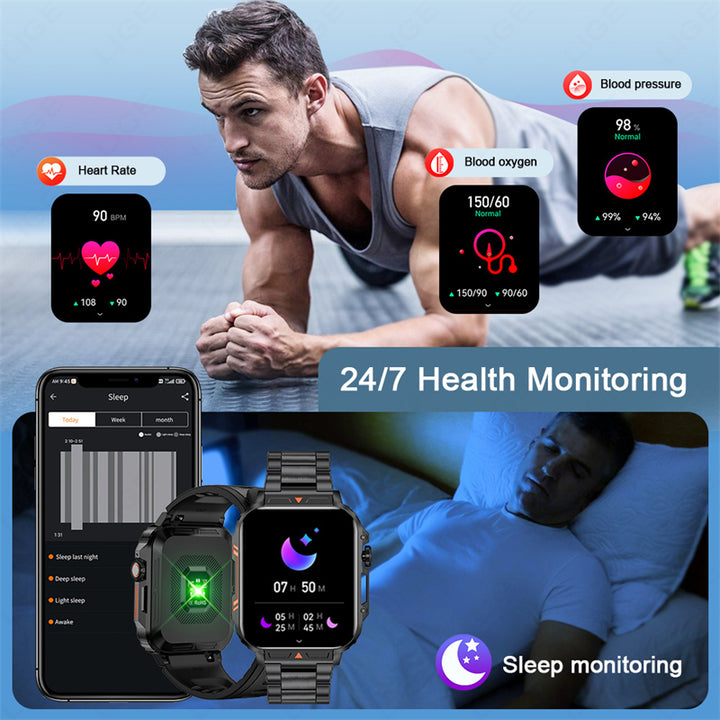 Premium Outdoor Military Smartwatch for Men - Bluetooth Calling, IP68 Waterproof, 100+ Sports Modes, 1.95-inch Display, Heart